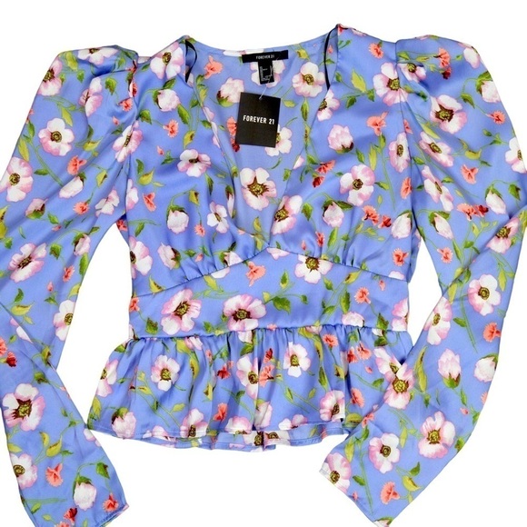Forever 21 Satin Empire Waist Puff Long Sleeve V Neck Top Lavender Floral NWT - Picture 2 of 12